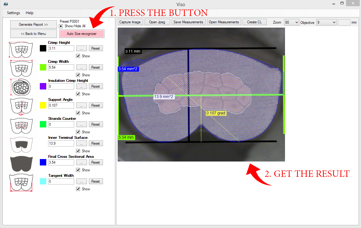 Automatic measurement of splice dimensions and cross section area